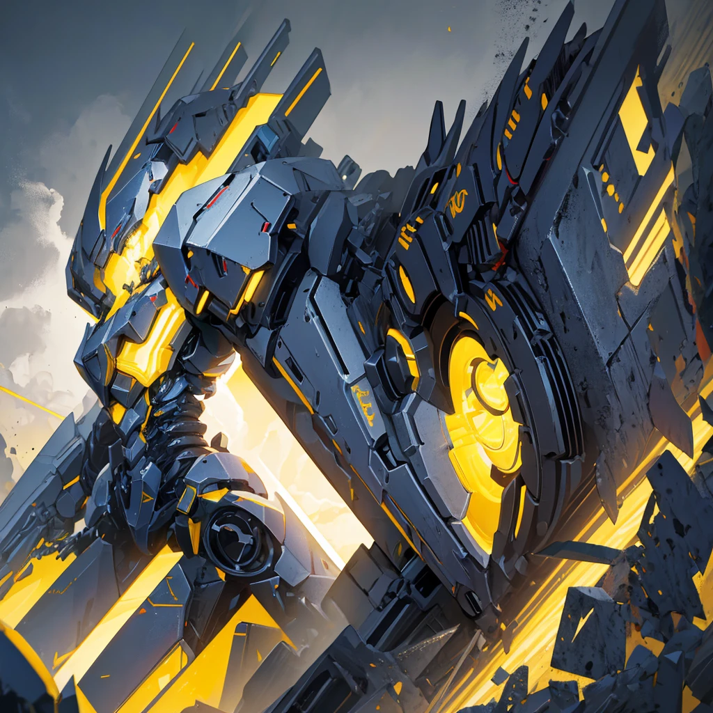 A mecha made of steel,mighty,huge,Shield,A huge mecha flashing yellow light,((Pure black background))
