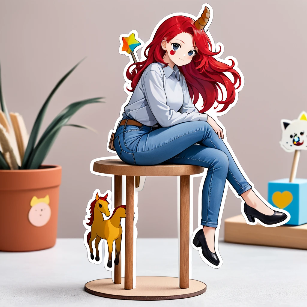 A grey hobbyhorse on a stick
with a scarlet mane, a girl in jeans is sitting on it, a sticker