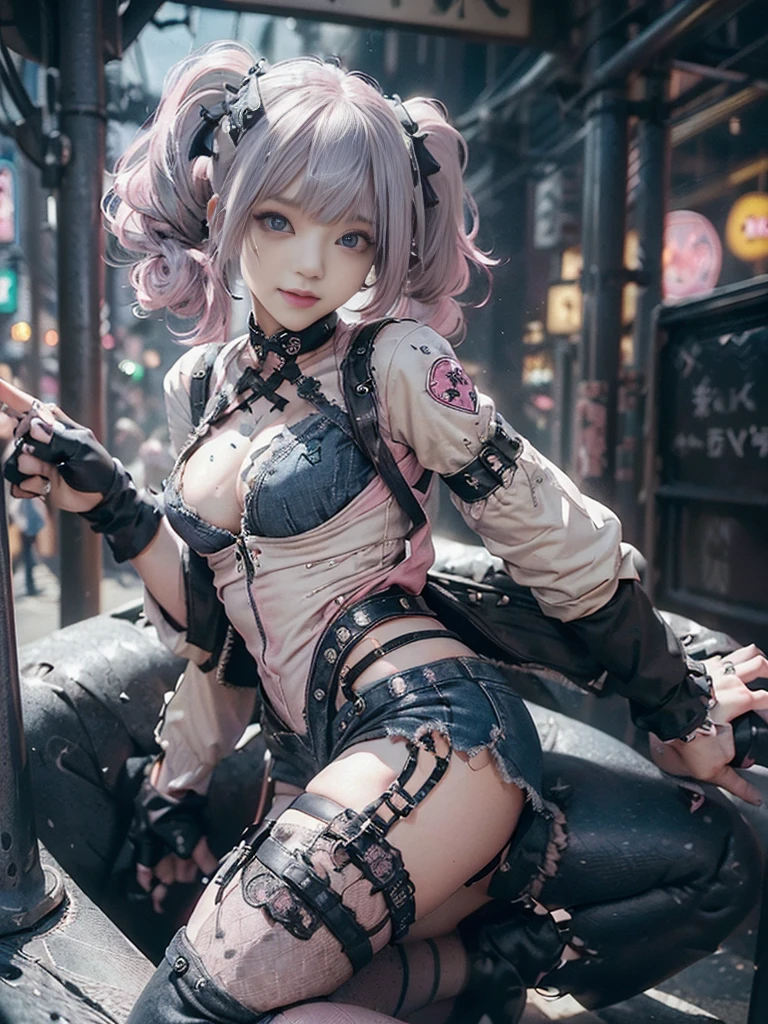 (Full Body View:1.2)、(Side view:1.1)、(Smiling with teeth showing:1.3),(Shibuya Gal:1.5)、(Beautiful:1.4)、(gothic  fashion:1.5)、(Punk RockVisual Kei:1.3)、(Futuristic baby doll in black, white and denim:1.5)、(A delicate jacket in beige, black and navy:1.5)、(Denim garter belt:1.5)、(Denim and black and white bodysuit:1.4)、(Heart-shaped silver accessories:1.5)、(Brown Skin Belt:1.4)、(Blue High Heels:1.4)、(Lace patterned underwear:1.4)、28 years old、NSFW,((Highest quality、In 8K、masterpiece:1.3))、Sharp focus:1.2、(Layered Cut、Beautiful boobs:1.1),Beautiful woman with perfect figure:1.4、(Doing an aerobics pose:1.3)、Slender Abs:1.2、Butt、Highly detailed face and skin texture、Detailed eyes、double eyelid,(Twin tails:1.3)、(Pink Hair:1.3)、Obscene、Gravure idol、(Luxurious amusement park at night:1.3)、(Make your legs thinner:1.4)、(Thin thighs:1.4)、(Slim Body:1.3)、(clavicle:1.1)