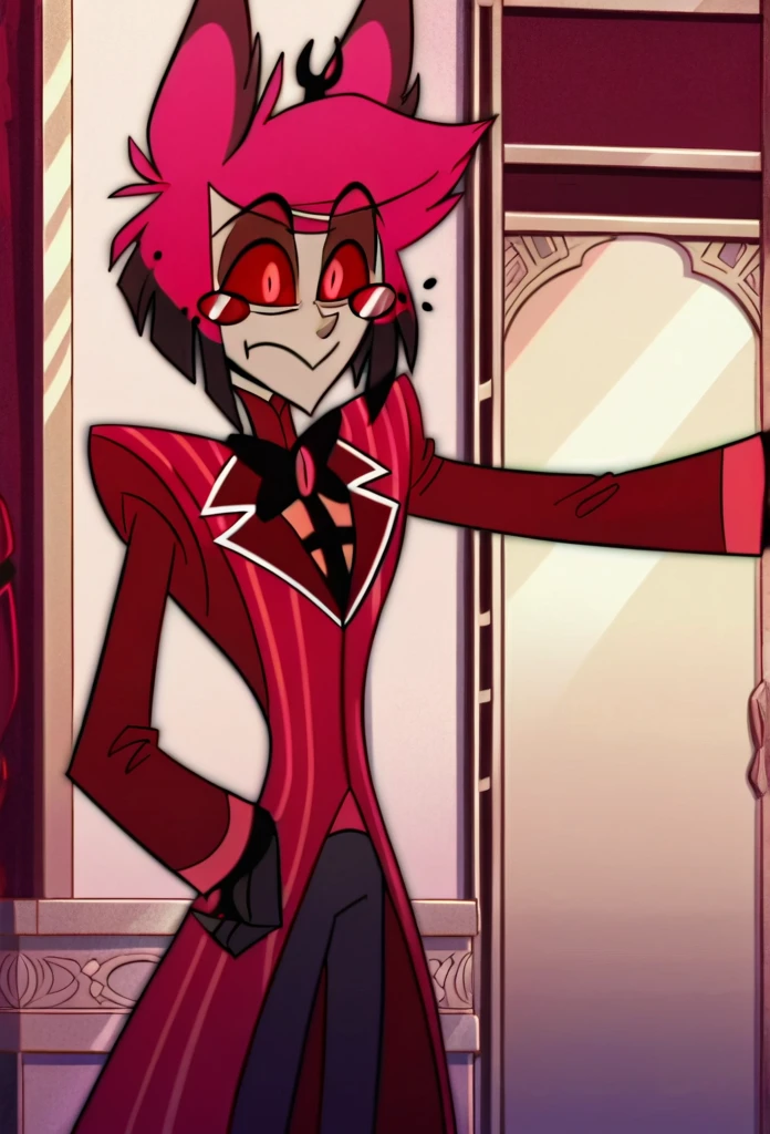 alastor, solo, 1boy, standing, grey skin, red suit, monocle,. BREAK score_9, score_8_up, score_7_up, score_6_up, (((screencap))) Smiling