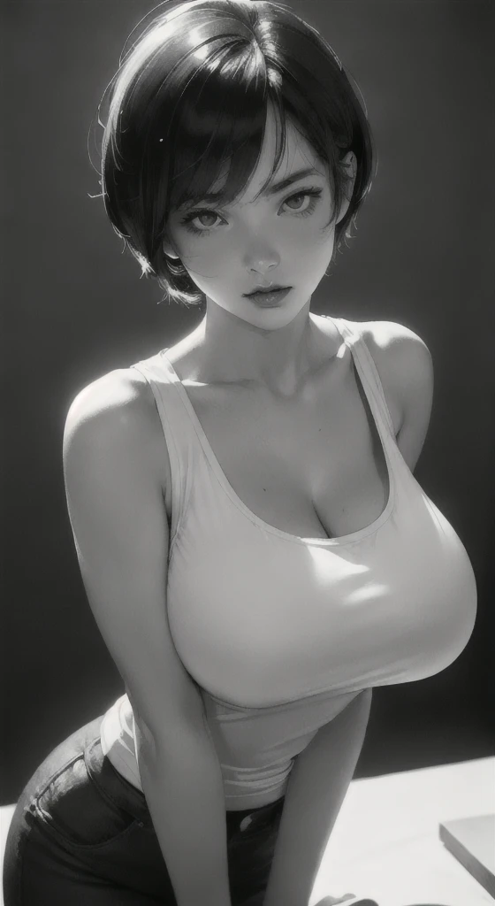 (Ultra detailed:1.3) ((((best quality))) , (((ultra detailed))) , (((masterpiece))) , illustration,Fashion, lipstick, ray tracing, depth of field, 1girlï¼ (solo:1.5) , looking at the audience, glossy skin, counterpoint, female focus, model, (huge breasts:1.3),mischievous face cool, perspective, fine fabric emphasis, budget haze,ojou-sama pose,
beautiful young female, Pixie Cut, tank top, leaning forward, art by Adrian Tomine, art by Agnes Cecile, sexy, seductive, shadow, dramatic lighting, park, black and whiteï¼
Hotifyï¼Prettifyï¼PrettyEyesï¼