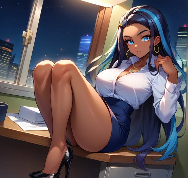 score_9, score_8_up,score_7_up, source_anime, 1girl, solo, EPpkNessa, blue eyes, black hair, blue hair, streaked hair,, dark skin, dark-skinned female, necklace, ear piercing,bottonup shirt,high-waist skirt,pantyhoes,heels,office, at a dark room, at night , city view from the window, gyaru,Very Long Hair,Hair Slicked Back, 