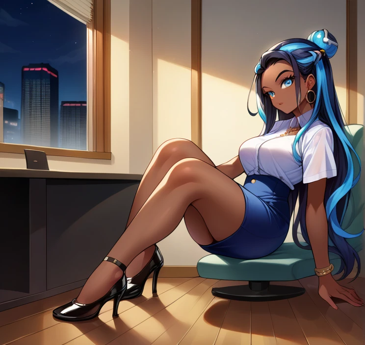 score_9, score_8_up,score_7_up, source_anime, 1girl, solo, EPpkNessa, blue eyes, black hair, blue hair, streaked hair,, dark skin, dark-skinned female, necklace, ear piercing,bottonup shirt,high-waist skirt,pantyhoes,heels,office, at a dark room, at night , city view from the window, gyaru,Very Long Hair,Hair Slicked Back, 