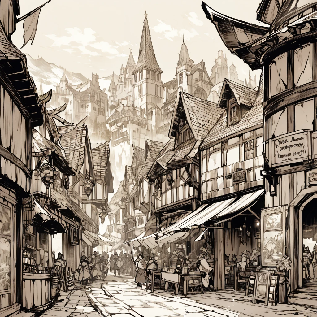 Sepia,An illustration,Vision,Landscape painting,Main Street,((Never draw a character)),Fantasy medieval port trading city,Colonial settlement governor's office,Stone Building,Wooden fence,Wooden gate,Barista,scaffold,Legantos Governorate,The population is about several thousand,It is located on an island in an area where a large river and a small river meet.。