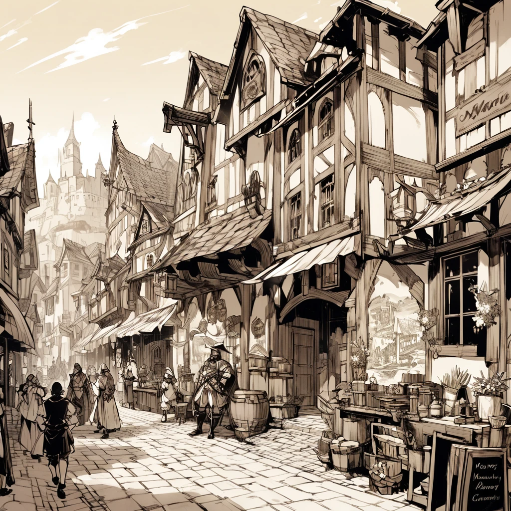 Sepia,An illustration,Vision,Landscape painting,Main Street,((Never draw a character)),Fantasy medieval port trading city,Colonial settlement governor's office,Stone Building,Wooden fence,Wooden gate,Barista,scaffold,Legantos Governorate,The population is about several thousand,It is located on an island in an area where a large river and a small river meet.。