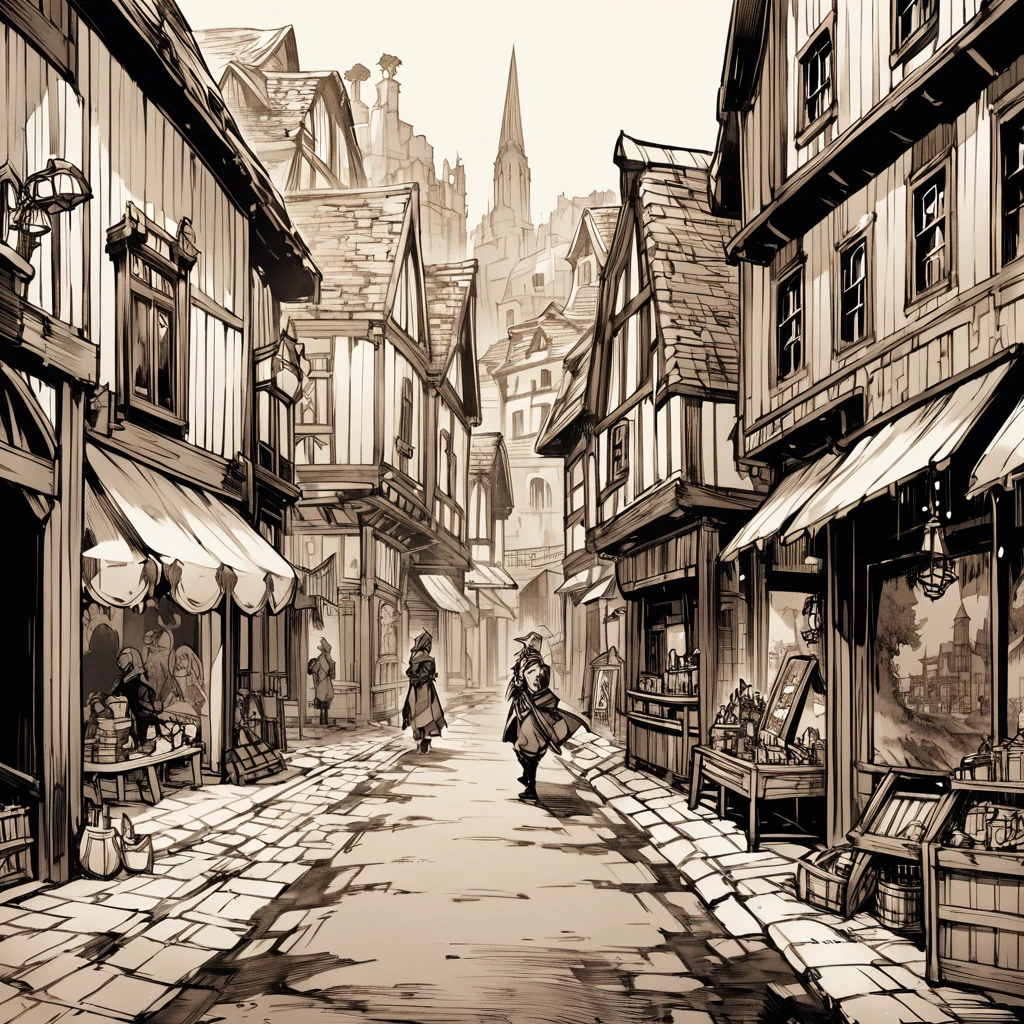 Sepia,An illustration,Vision,Landscape painting,Main Street,((Never draw a character)),Fantasy medieval port trading city,Colonial settlement governor&#39;s office,Stone Building,Wooden fence,Wooden gate,Barista,scaffold,Legantos Governorate,The population is about several thousand,It is located on an island in an area where a large river and a small river meet.。