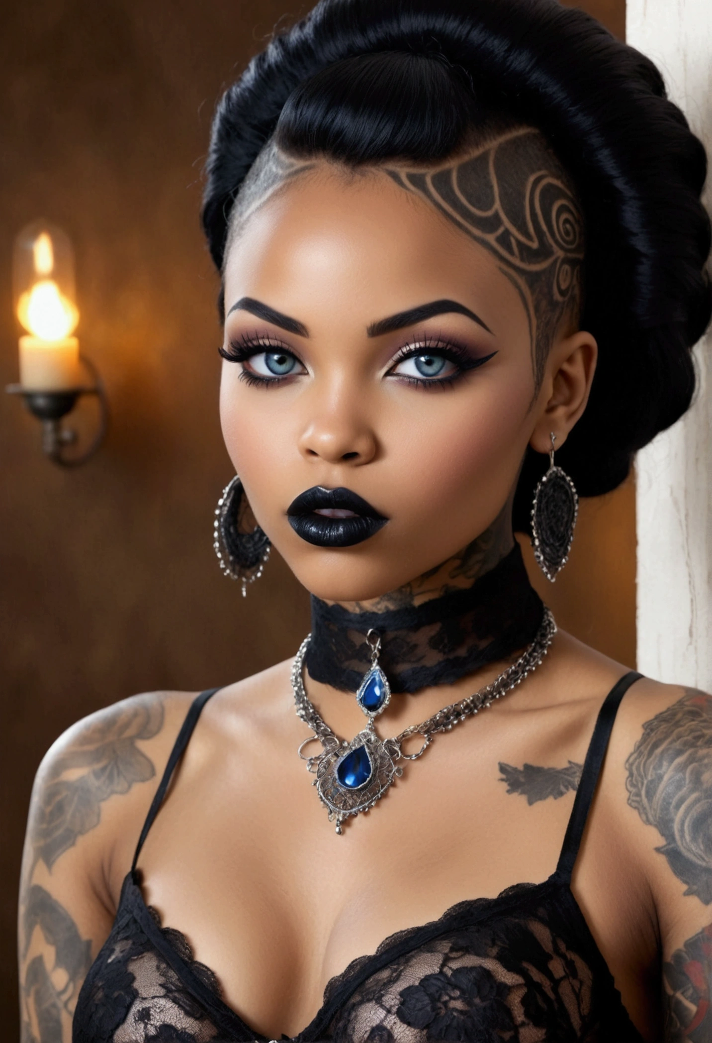Create a photo realistic hyper realistic heavily tattooed young adorable goth african girl, beautiful perfect face, vibrant sapphire eyes, thin curved black eyebrows, long luscious eyelashes, black eyeliner, black eye shadow, puckered curved lips, thick black lipstick, long natural african hair, black lace choker collar, voluptuous curved body, black lingerie, black thong,