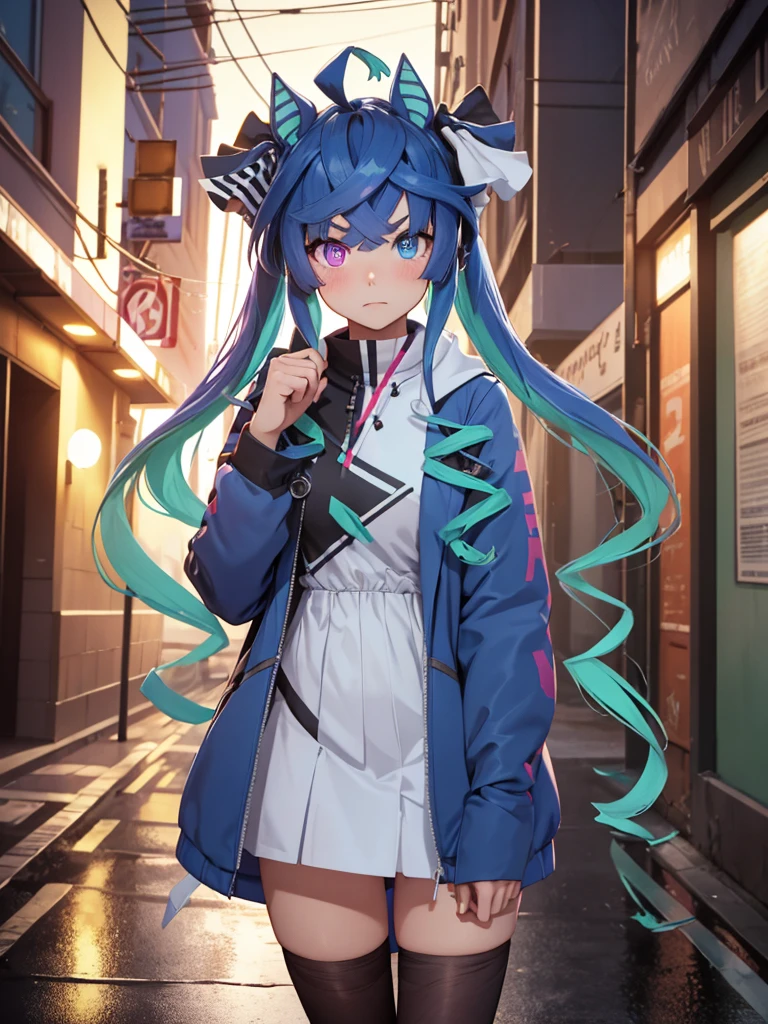 (Masterpiece, best quality, high res、highly detailed cg: 1), Standing on a street corner night, I suddenly feel a gaze upon me. Following the gaze, I see a streetwalker standing nearby. She doesn't approach or call out, but her eyes are filled with temptation, quietly standing but making it impossible to look away once our eyes meet. Twin_Turbo_Umamusume, aqua hair, twintails, heterochromia, purple eyes, blue eyes, sharp teeth,hores tails, nsfw, short stature, open coat, Blush