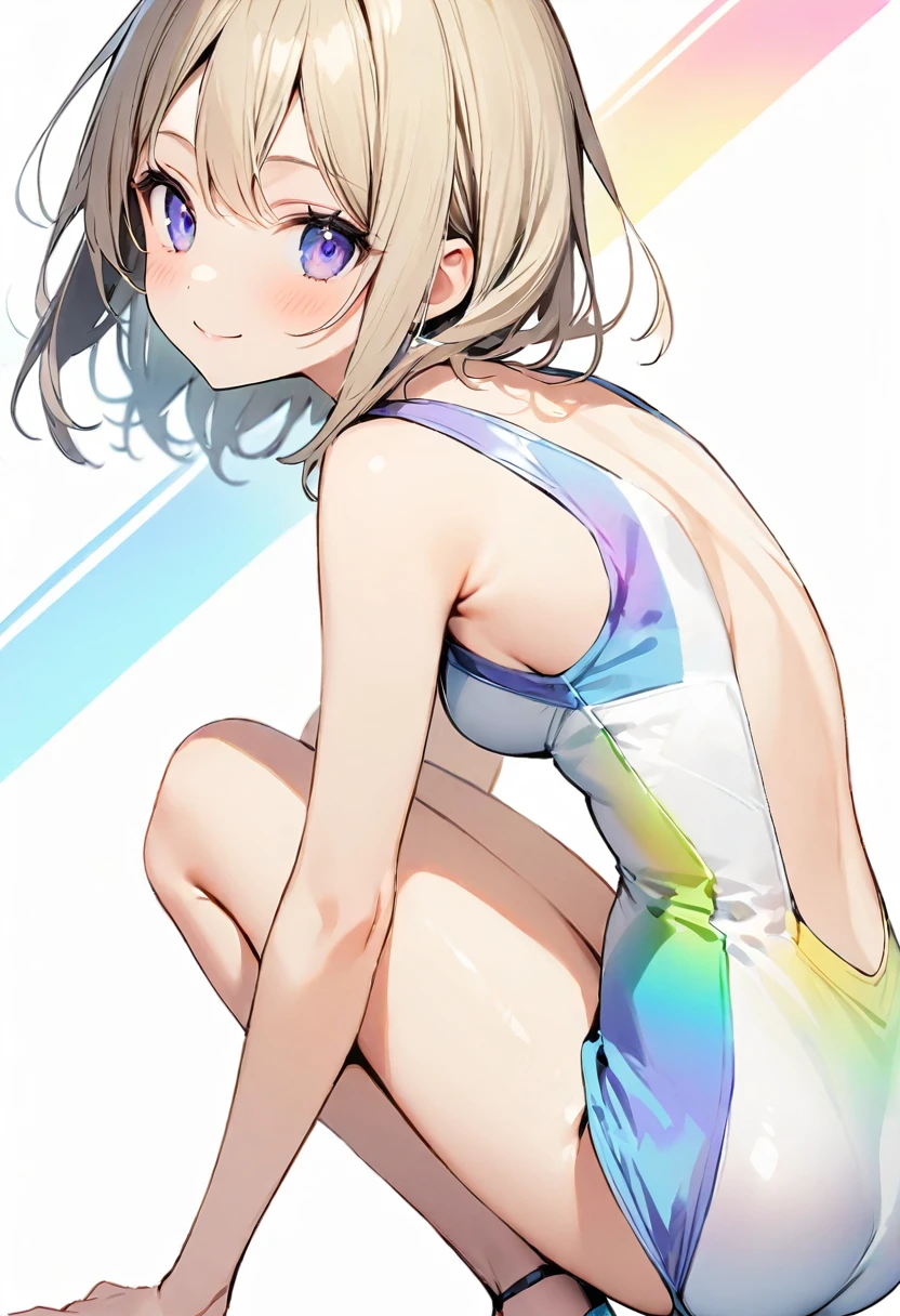 (masterpiece:1.2),Highest quality,Pixiv ,One girl,alone,View your viewers,smile,White background only,whole body,From the side,One knee,,Look to the side、white background only,A leotard with glittering embellishments,tight-fitting leotard,Rainbow gradient leotard,Slender body,slim,Gymnastics Club,Gymnast,Princess, Beautiful Eyes,軽いsmile,、No background