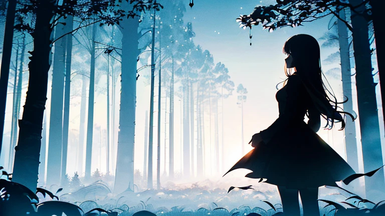 (Silhouette Art,crop:1.6) (((Paper cutting art,A world where only black exists:1.3) (Cowboy Shot),1 girl,alone, (Girl in a dress,profile:1.2),white, Clear and beautiful face,Countless meteors behind、 Long Hair, Gothic Dress, white髪,Long sleeve, Black and blue dress, From behind,in the forest、guitar
