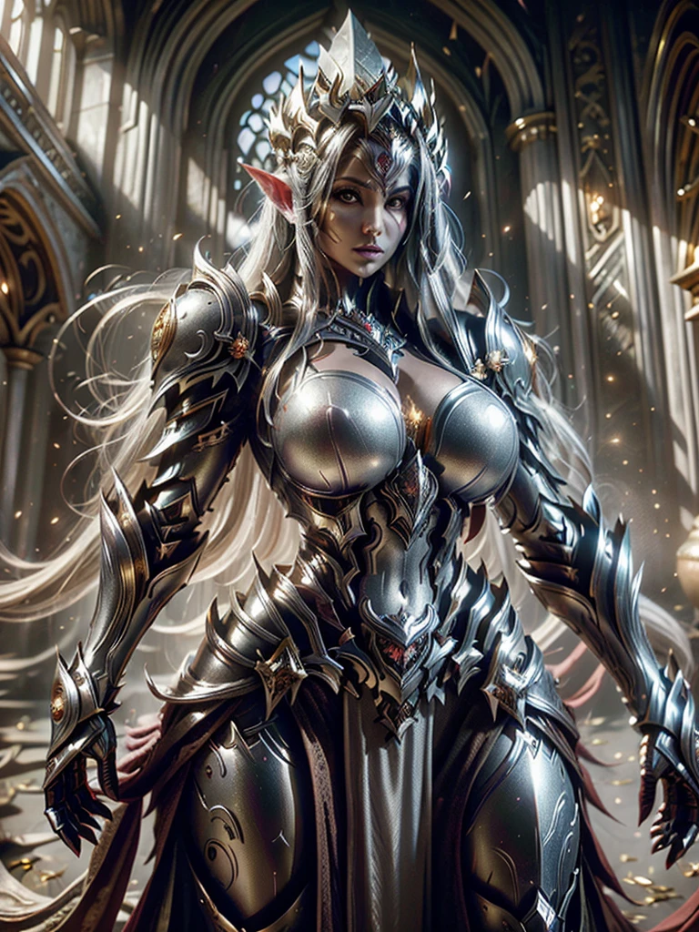 Realistic image cinematic shadows. in the courtyard realm. There is Elven Woman Queen, with Crown, Illuminated Face, Hips, Toned, Round Breasts, Gypsy, ((thick armor of silver infected with Gold)) reflecting sunlight