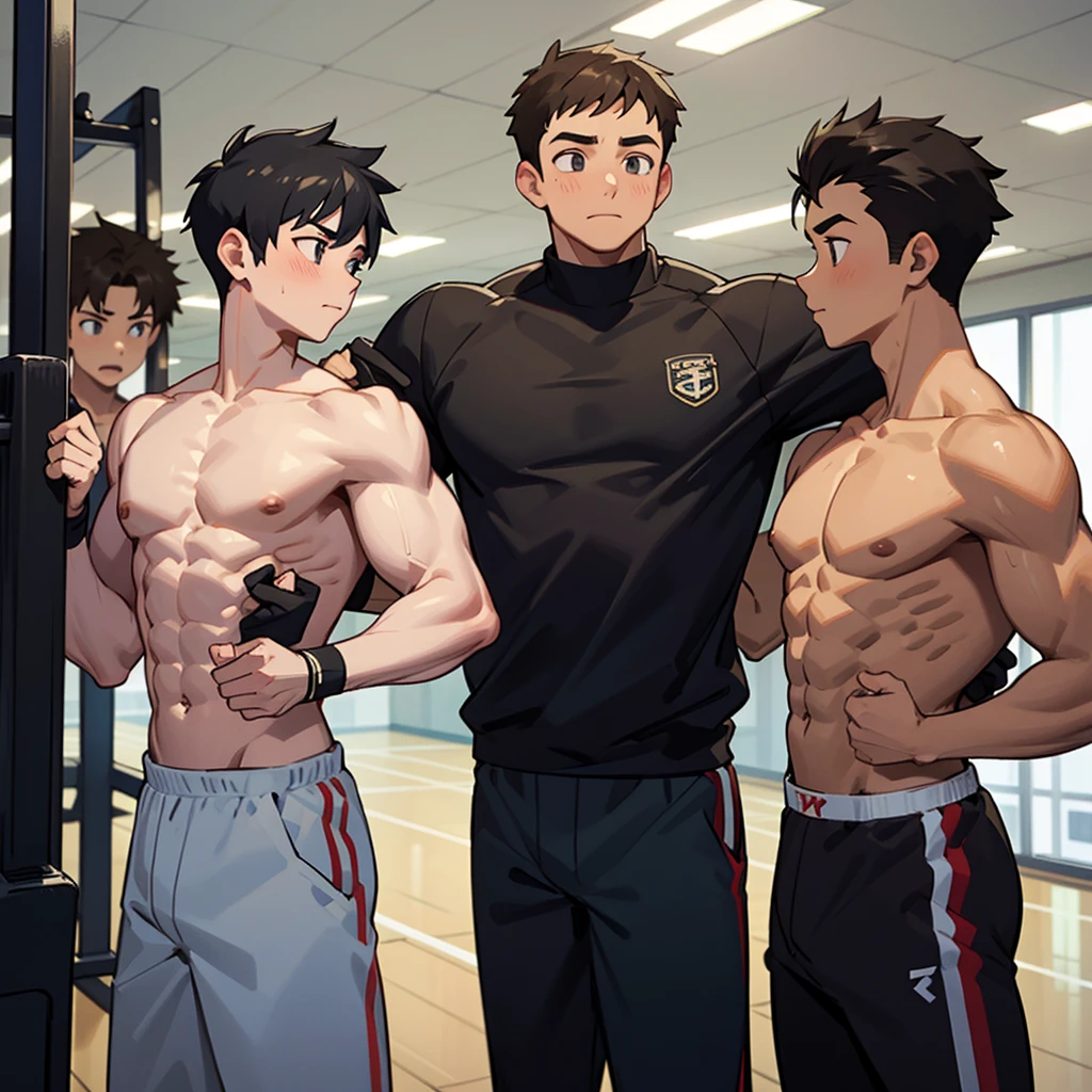 Two boys working out in the gym and the other is flexing to the other boy because he has bigger abs and the other is jealous