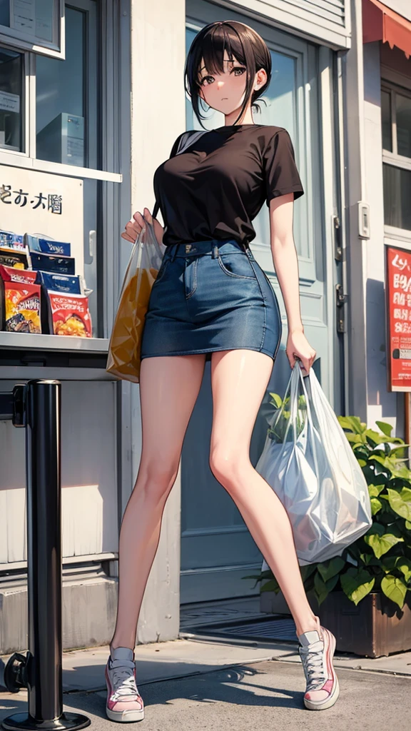 (A work depicting a scene from a manga for adults), housewife, Realistic sized eyes, Droopy eyes, shame, (She is carrying a large plastic bag full of groceries.), ((Spread your legs, banging one's groin against a stone pillar on the sidewalk to masturbate, pubic hair)),Angle from below, alley,No bra、(((Masturbation 、Leg spread、)))、panties、Random Color、nsfw