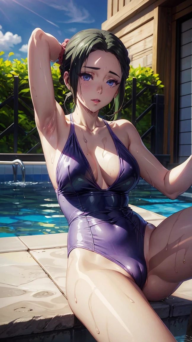 deep skin,textured skin, long hair, black hair, blue eyes, ponytail, highres:1.0), haruhiko_ichijou, makeup, purple lipstick, purple eyeshadow, beautiful face, hyperdetail face, woman in a gray dress laying on a pool, a picture by Tadashi Nakayama, tumblr, shin hanga, wet swimsuit, realistic young gravure idol, young skinny gravure idol, young sensual gravure idol, sophisticated gravure idol, hot with shining sun, young pretty gravure idol, realistic sensual gravure idol, next to a pool, armpits, spread legs, pussy
