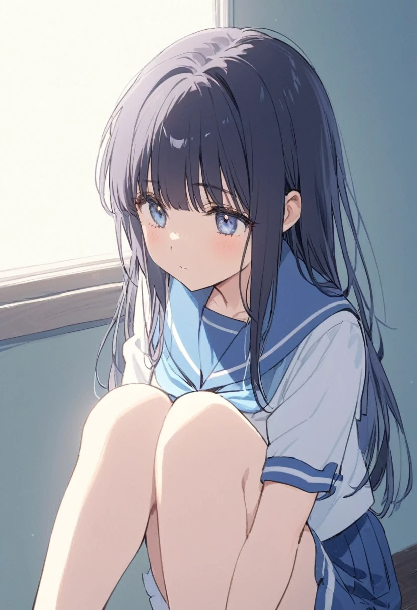 Dark blue hair、Long Hair、Straight Hair、Neat bangs、(/Yorozuka Mizore\)、girl、1 person、Single person、独奏、Anime characters、Expressionless、Lethargic eyes、Leaning against the wall、Sunlight streaming through the window、A corner of the classroom、Upper body only、Sitting、Keep your arms on your knees、Sailor suit with light blue collar、全体的に白色で水色のリボンの着いたセーラー服を着た一人のgirl