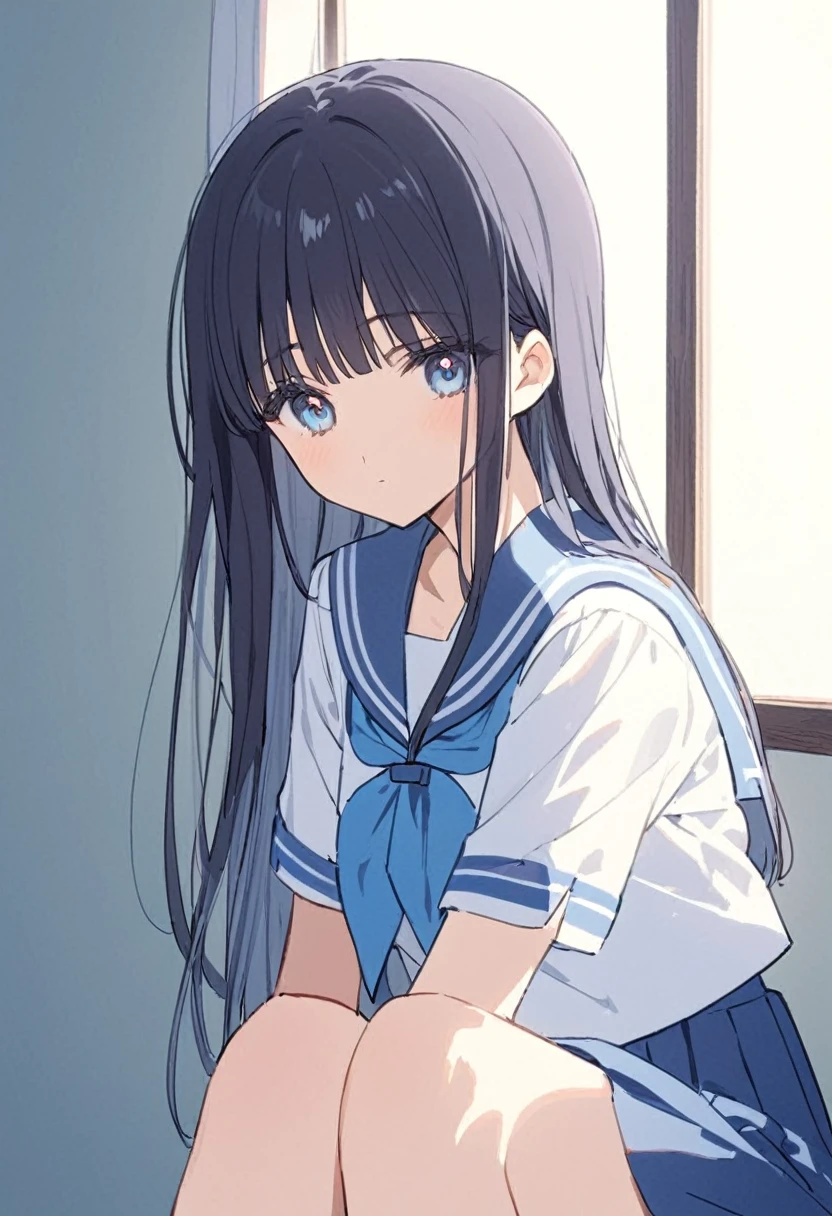 Dark blue hair、Long Hair、Straight Hair、Neat bangs、(/Yorozuka Mizore\)、girl、1 person、Single person、独奏、Anime characters、Expressionless、Lethargic eyes、Leaning against the wall、Sunlight streaming through the window、A corner of the classroom、Upper body only、Sitting、Keep your arms on your knees、Sailor suit with light blue collar、全体的に白色で水色のリボンの着いたセーラー服を着た一人のgirl