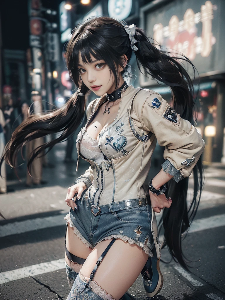 (Full Body View:1.2)、(Side view:1.1)、(Smiling with teeth showing:1.3),(Shibuya Gal:1.5)、(Beautiful:1.4)、(Neo-goth fashion:1.5)、(Punk RockVisual Kei:1.3)、(Futuristic bodysuit in white, beige and denim with embellishments:1.5)、(A delicate short jacket in denim, beige and navy:1.5)、(Denim garter belt:1.5)、(Tattered denim and a white micro mini skirt:1.3)、(Heart-shaped silver accessories:1.5)、(Brown Skin Belt:1.4)、(Blue High Heels:1.4)、(Lace patterned underwear:1.4)、20-year-old、NSFW,((Highest quality、In 8K、masterpiece:1.3))、Sharp focus:1.2、(Layered Cut、Huge boobs:1.1),Beautiful woman with perfect figure:1.4、(Doing an aerobics pose:1.3)、Slender Abs:1.2、Butt、Highly detailed face and skin texture、Detailed eyes、double eyelid,(Twin tails:1.3)、(Black brown hair:1.3)、Obscene、Gravure idol、(Luxurious amusement park at night:1.3)、(Make your legs thinner:1.4)、(Thin thighs:1.4)、(Slim Body:1.3)、(clavicle:1.1)