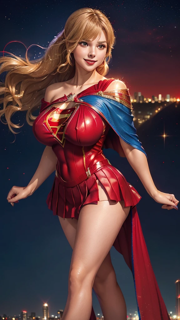 Supergirl, 27 years old, full body shot, Beautiful woman (((shoulder length wavy honey blonde hair, hair pulled back both sides with bangs))) defined body, Red lipstick, smiling, hands free, standing, ((( short sleeve, sparkling blue and red leotard, flowing red cape, red pleated skirt of Supergirl))), rooftop city night, (huge_breasts:1.3) (curvy:1.2)