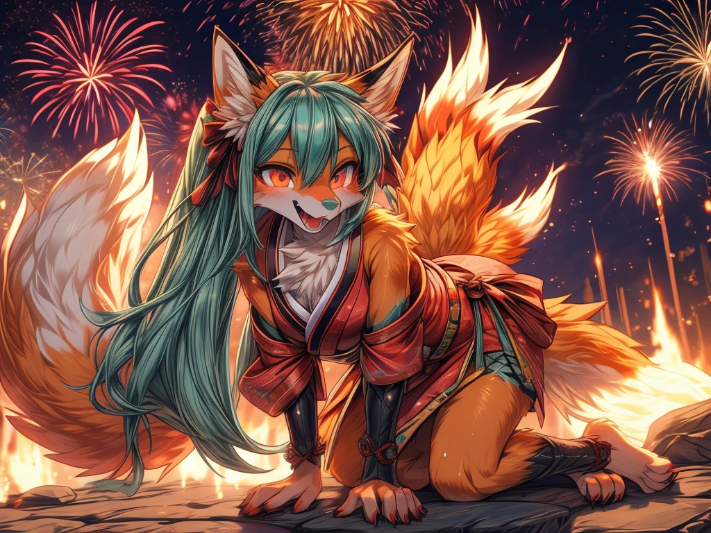 The best quality, Japanese adolescent hatsune miku x kitsune , fox face elongated snout add-detail, Surprise face, sweaty body, heated add_detail,, kitsune warrior in the spring hanami add_detail:1, barefoot add_detail:1 mistycal aura, demon slayer style enjoy the fireworks 
