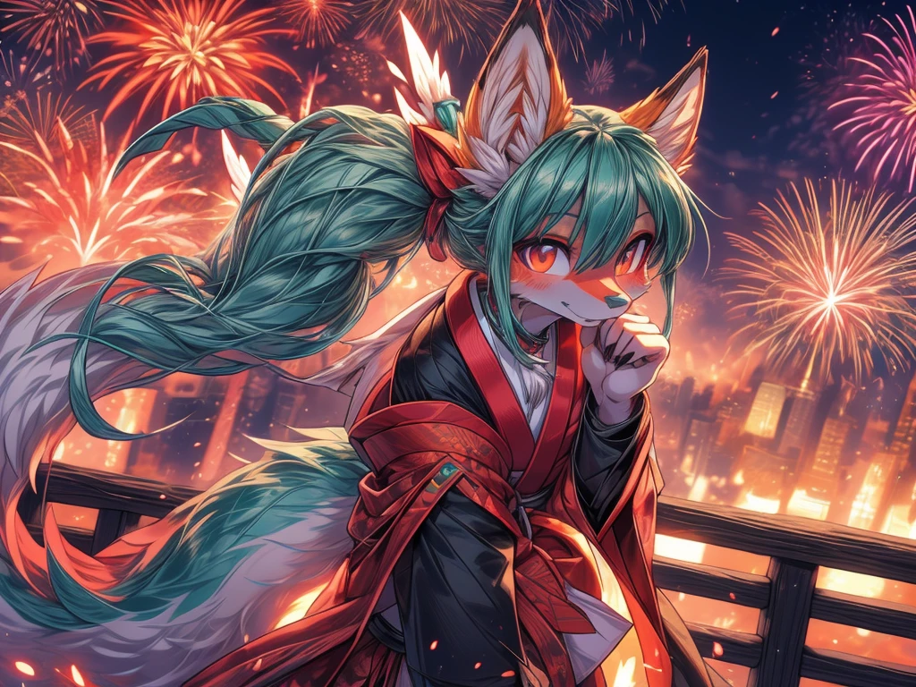 The best quality, Japanese adolescent hatsune miku x kitsune , fox face elongated snout add-detail, Surprise face, sweaty body, heated add_detail,, kitsune warrior in the spring hanami add_detail:1, barefoot add_detail:1 mistycal aura, demon slayer style enjoy the fireworks
