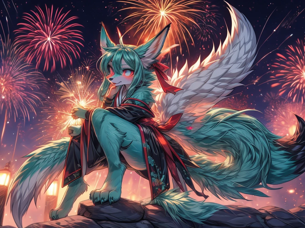 The best quality, Japanese adolescent hatsune miku x kitsune , fox face elongated snout add-detail, Surprise face, sweaty body, heated add_detail,, kitsune warrior in the spring hanami add_detail:1, barefoot add_detail:1 mistycal aura, demon slayer style enjoy the fireworks