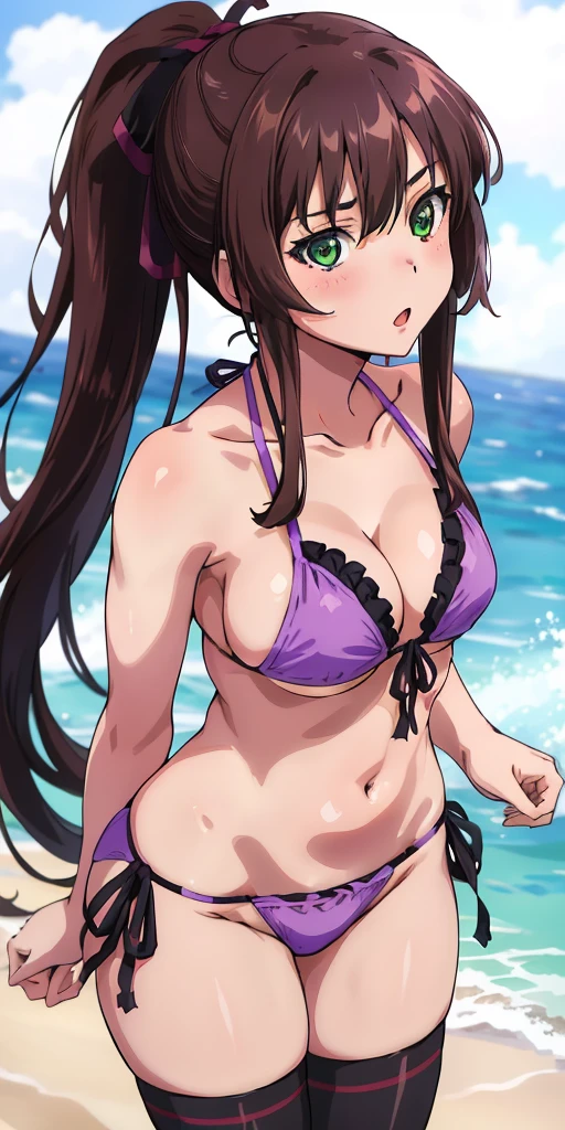 masterpiece, best quality,1girl,solo,kirasaka sayaka,brown hair,long hair,ponytail, hair ribbon, green eyes,,purple thighhighs, wariza, (bikini). 