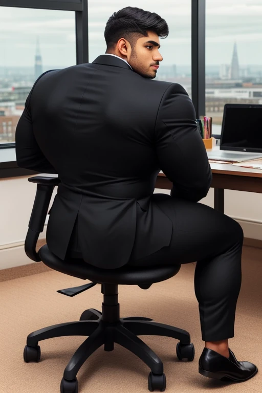 4 meter tall slightly overweight indian men. 20 years old. Childish Young hairless fresh face. In london with friend. Very sexy Posing for camera. Muscular. Wearing a tight black and office suit . Big ass. Smooth body and face. Belly seen. Long long legs. Sitting on chair. View from the back.