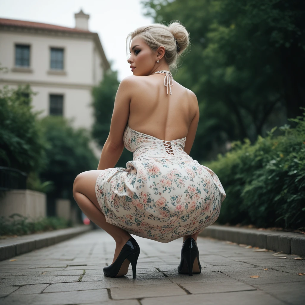 woman squatting on her knees in a maxi length dress, rear view angle fully