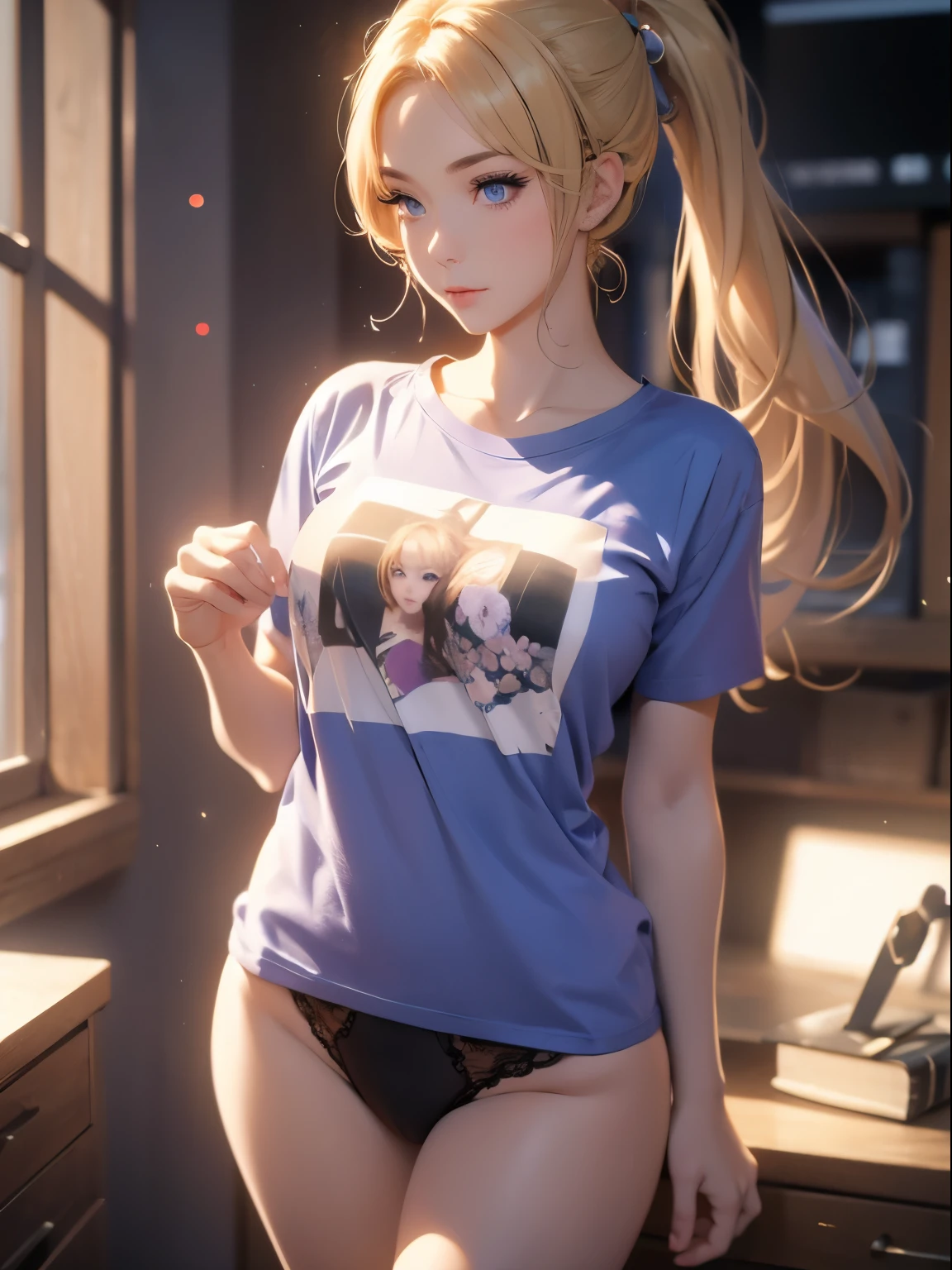 1 woman, (Masterpiece:1.0), (8k background screen) : 1.0), (beautiful detailed face: 1.0), blonde hair, hair tied in a side ponytail, sensual cleavage, ((T-shirt:1.5)), beautiful breasts, pronounced nipples in clothes, sexy pose, elegant makeup, female focus, character close to the camera, V-shaped panties, violet panties, lace underwear, standing, in an office, black stockings,