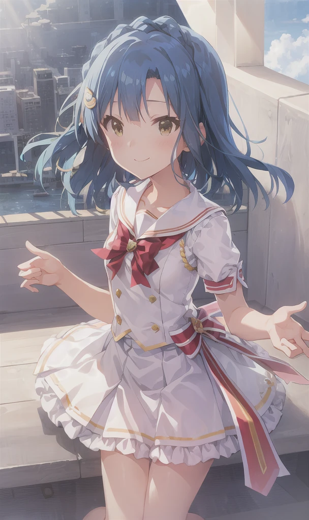 Yuriko Nanao,Yuriko did it (A million people live), (Highest quality, 8k, masterpiece, Super detailed:1.2), Movie angle,
Day, 斑点模様のDay光, blue sky, Beautiful Clouds, Cityscape, Lens flare, Shine, Particles of light, Wide Shot,
One girl, alone, skirt, smile, View your viewers, Sailor collar, pleated skirt, Short sleeve, , blush, Seraphim, clavicle, ribbon, Upper Body, Style your hair, Wind, Floating Hair,