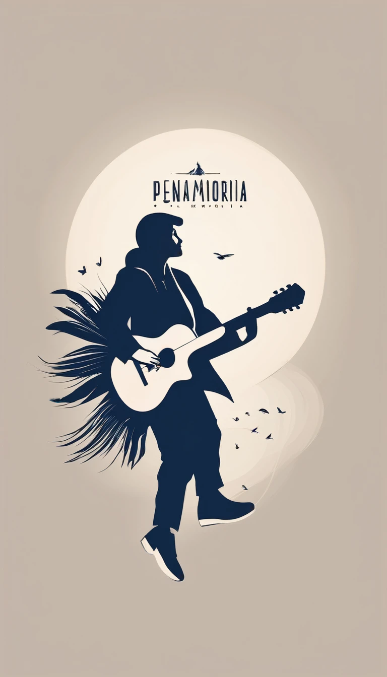 A minimal, modern, simple, cinematic, minimalistic logo design for the brand “Penamemoria". The logo design must be a simple, magical feather and a boy running and holding an acoustic guitar. The logo must convey a sense of music, stories and dreams. Logo design impressed on a book cover. Minimalistic logo