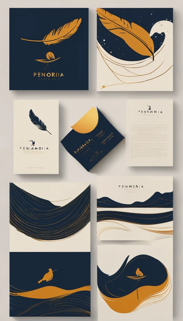A minimal, modern, simple, cinematic, minimalistic logo design for the brand “Penamemoria". The logo design must be a simple, magical feather and a boy running and holding an acoustic guitar. The logo must convey a sense of music, stories and dreams. Logo design impressed on a book cover. Minimalistic logo