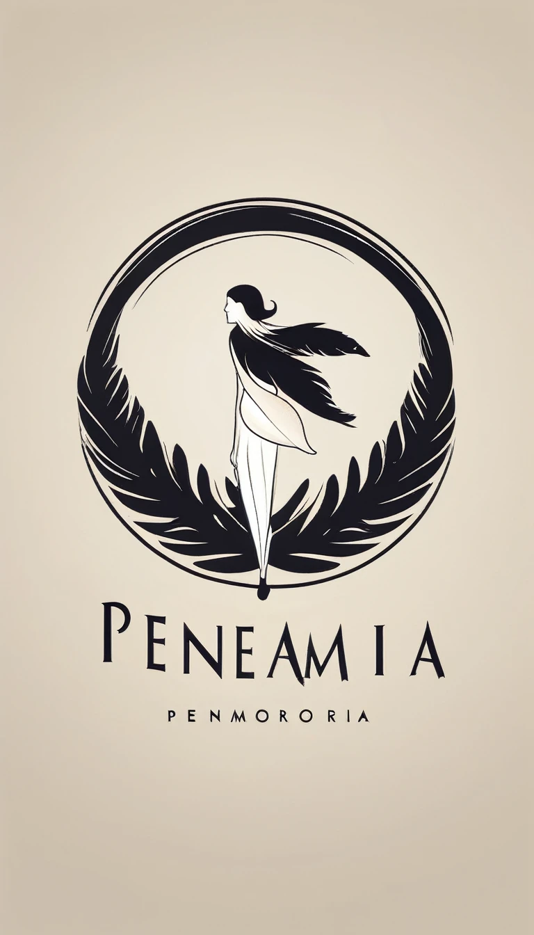 A minimal, modern, simple, cinematic, minimalistic logo design for the brand “Penamemoria". The logo design must be a simple, magical feather and a boy running and holding an acoustic guitar. The logo must convey a sense of music, stories and dreams. Logo design impressed on a book cover. Minimalistic logo