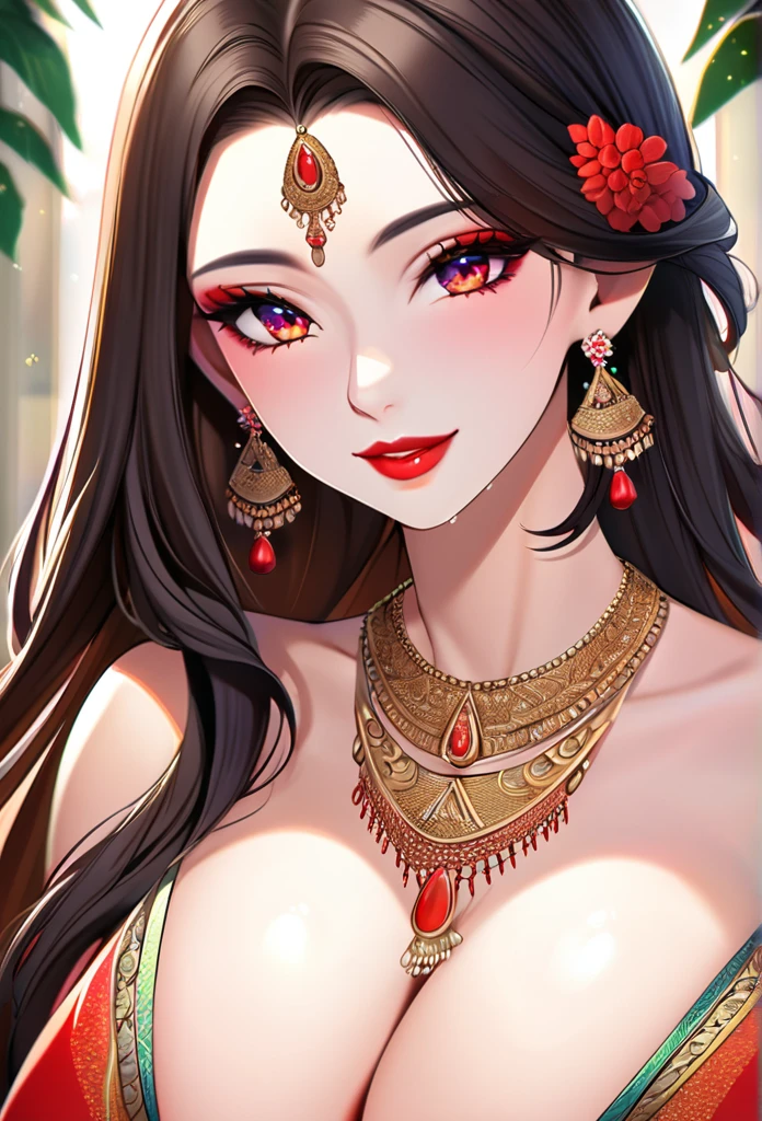 ,  ,Beautiful alluring woman, fantastic face beautiful look, ((red lips, bright eyes, 1.5)), ((beautiful details very huge breasts)), (Straight round and ultra huge clevage, ), A glorious gorgeous, glorious gorgeous face, pretty face, bright eyes, detailed elegant printed red saree, , ultra focus, face ilumined, face detailed, 8k resolution, , curvy body ,face makeup, detailed body, perfect nose, perfect face,sharp jawline, bangles,white skin, necklace,big jhumka earrings,long earrings, heavy earrings,red lipstick,blush,shiny hair,silky hair,long hair,long necklaces  smiling ,