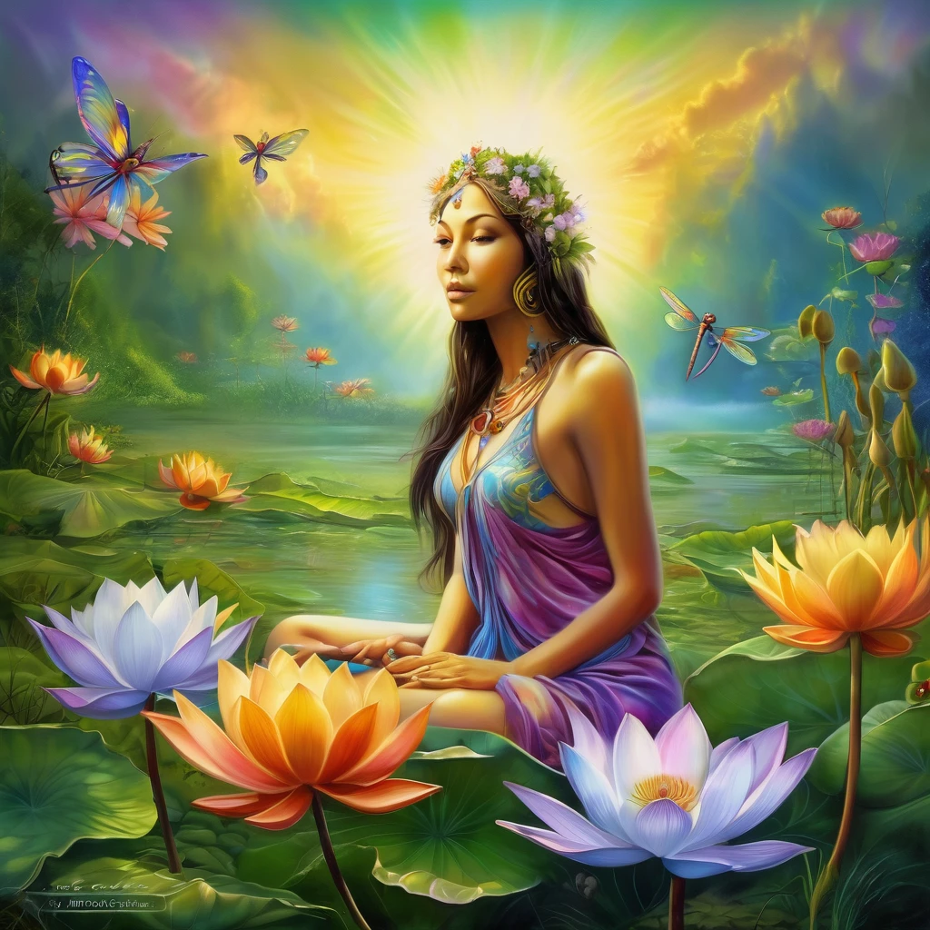 woman sitting in a clearing with flowers and a dragonfly, airbrush painting by Ian J, trends in the CG community, fantasy art, goddess of nature, sitting on a lotus flower, Goddess in the Field of Flowers, flower goddess, goddess of love and peace, The Psychedelic Goddess, goddess of nature, goddess of art, beautiful goddess, a picture of beauty, lotus position