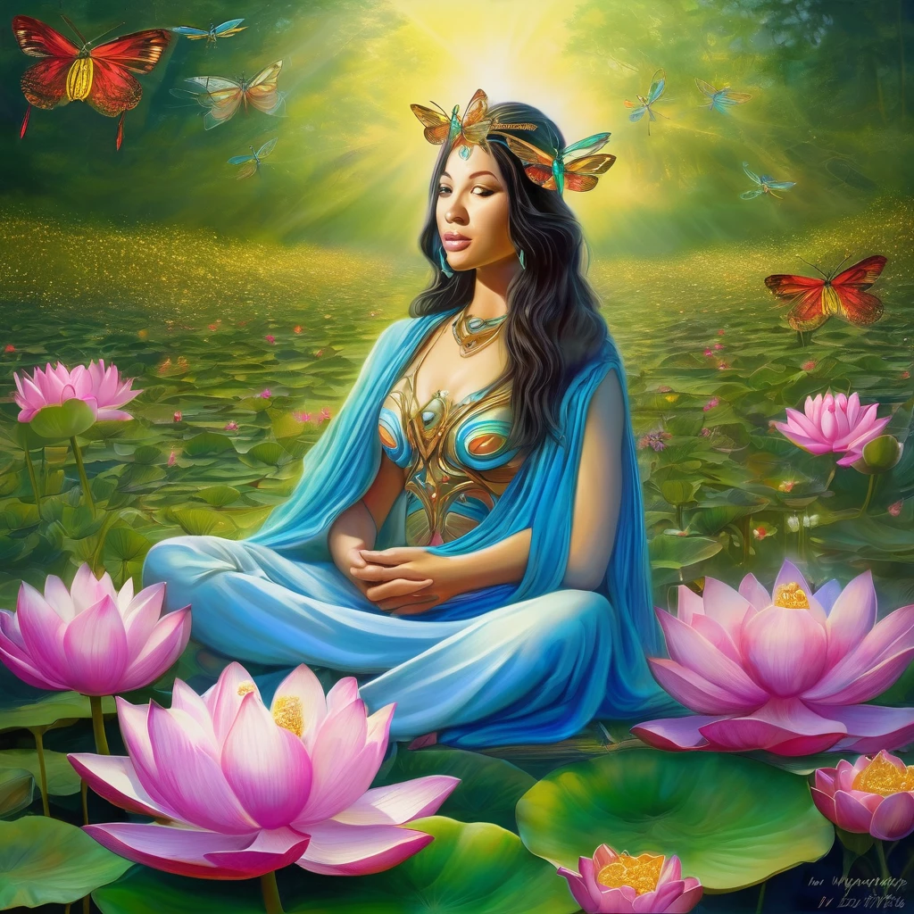 woman sitting in a clearing with flowers and a dragonfly, airbrush painting by Ian J, trends in the CG community, fantasy art, goddess of nature, sitting on a lotus flower, Goddess in the Field of Flowers, flower goddess, goddess of love and peace, The Psychedelic Goddess, goddess of nature, goddess of art, beautiful goddess, a picture of beauty, lotus position