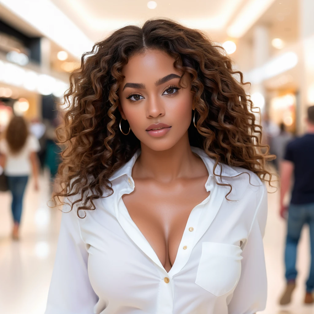 (best quality,4k,highres, highres face details), Bina, African American 30-year-old, with long brown curly hair, wearing a white buttoned-up shirt,18 years old, Instagram model, 32DD natural breast, walking in the mall going to a photoshoot