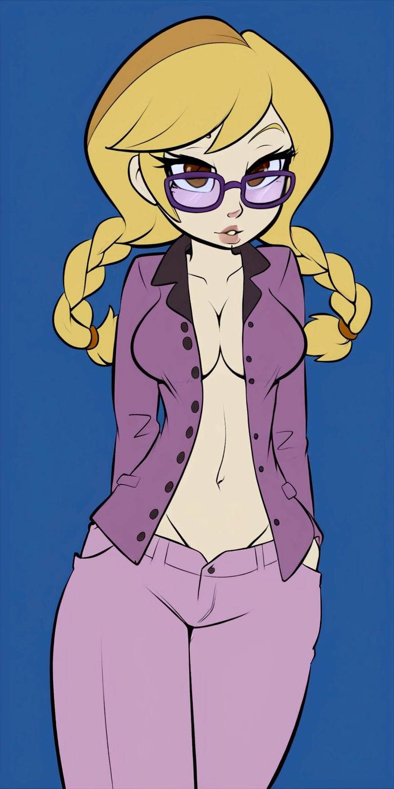 A beautiful sexy girl with a big breast, long round blonde hair, braids, her brown eye, big purple glasses, wearing a blouse, a light purple pocket with a button, tied knot, showing a navel and a blue shorts, a pocket with a black heel. 