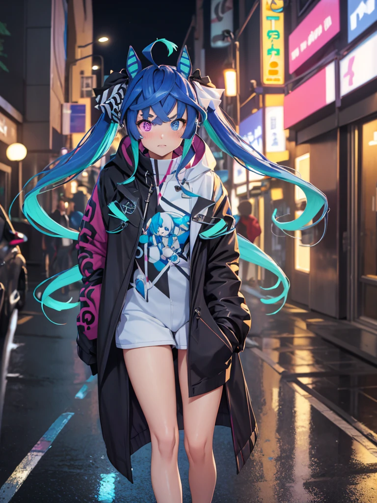 (Masterpiece, best quality, high res、highly detailed cg: 1), Standing on a street corner night, I suddenly feel a gaze upon me. Following the gaze, I see a streetwalker standing nearby. She doesn't approach or call out, but her eyes are filled with temptation, quietly standing but making it impossible to look away once our eyes meet. Twin_Turbo_Umamusume, aqua hair, twintails, heterochromia, purple eyes, blue eyes, sharp teeth,hores tails, nsfw, short stature, open coat, Showing her underwear, Blush