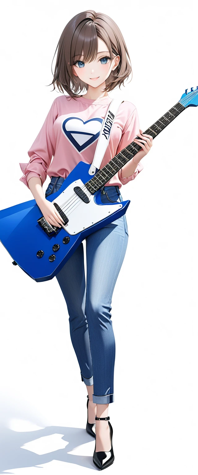 (((White background:1.5)))、(very wide shot)、(masterpiece、Ultra HD、Highest quality、Masterpiece、４K:1.2)、Slender body、Holding a white electric guitar,Scandinavian Metal Girl, A gentle gaze at the camera, Intricate details, Highly detailed eyes, Highly detailed fingers、Brown bob hair、Pink shirt and blue jeans, Wearing high heels、Intricate details、A kind smile、Are standing
