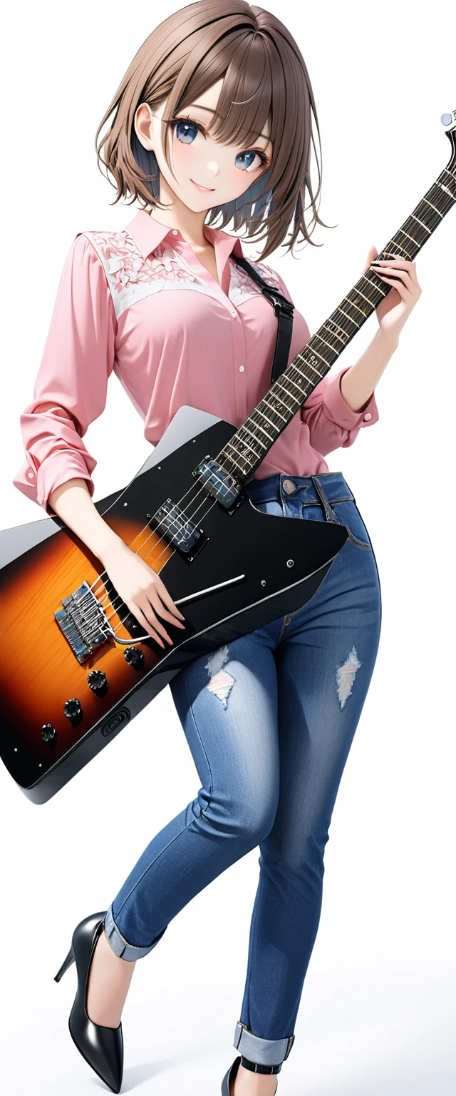 (((White background:1.5)))、(very wide shot)、(masterpiece、Ultra HD、Highest quality、Masterpiece、４K:1.2)、Slender body、Holding a white electric guitar,Scandinavian Metal Girl, A gentle gaze at the camera, Intricate details, Highly detailed eyes, Highly detailed fingers、Brown bob hair、Pink shirt and blue jeans, Wearing high heels、Intricate details、A kind smile、Are standing
