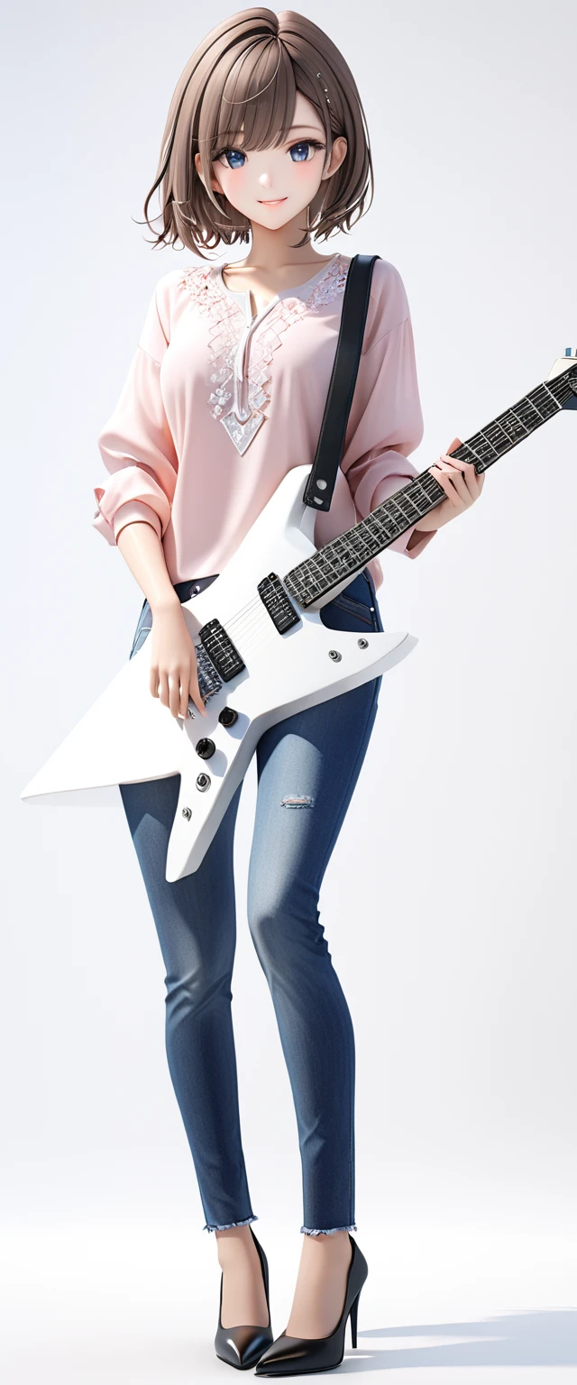(((White background:1.5)))、(very wide shot)、(masterpiece、Ultra HD、Highest quality、Masterpiece、4K:1.2)、Slender body、Holding a white electric guitar,Scandinavian Metal Girl, A gentle gaze at the camera, Intricate details, Highly detailed eyes, Highly detailed fingers、Brown bob hair、Pink shirt and blue jeans, Wearing high heels、Intricate details、A kind smile、Are standing