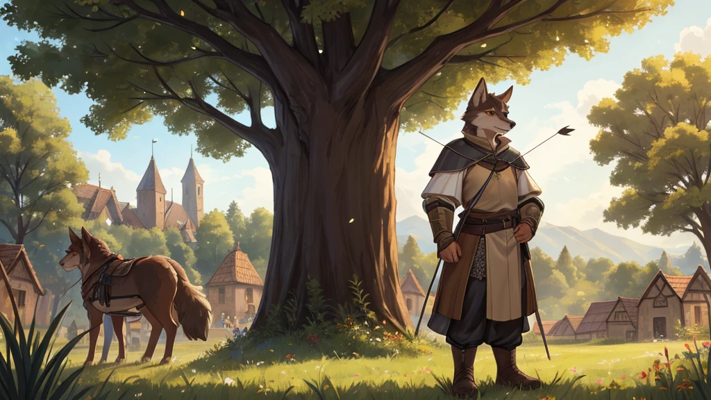 (very detailed illustration: 1.2), best quality, masterpiece, solo, natural lighting, An young anthro wolf with dark brown fur, he has brown eyes and dark brown hair, He is dressed in archer clothing from the medieval era, he is in an open field, on his sides there are trees and behind him is a village from the medieval era, he is smiling while he has his bow and arrows on his back.
