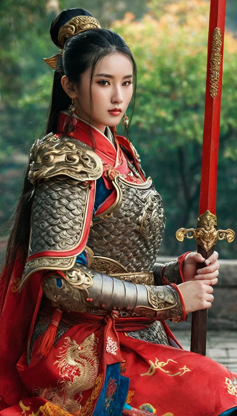 Hold the sword with both hands、Front view, Full-body, on ground , ancient Chinese girl, 2 century, looking at viewer, beautiful Chinese Young General, girl is 26 years old, (Highly detailed face, Black hair, middle hair ,Brown eye, Variegated eyes, Ordinary eyes, Tapered eyebrows, Fuller lips, little Lips, sylas), (ears decoration earring), (middle breasts, middle hip), (ancient Chinese costume, Red decoration leather armor emboss armor of dragon , leather inner clothes, put shoulder Red Cloak ),(ancient Chinese shoes), (a ancient Chinese sword , beautiful sword, metallic bright sword), standing in Chinese Palace, near Garden, sunset ,(masterpiece, Highest quality, masterpiece, God-like quality, Godly art, , Very realistic)