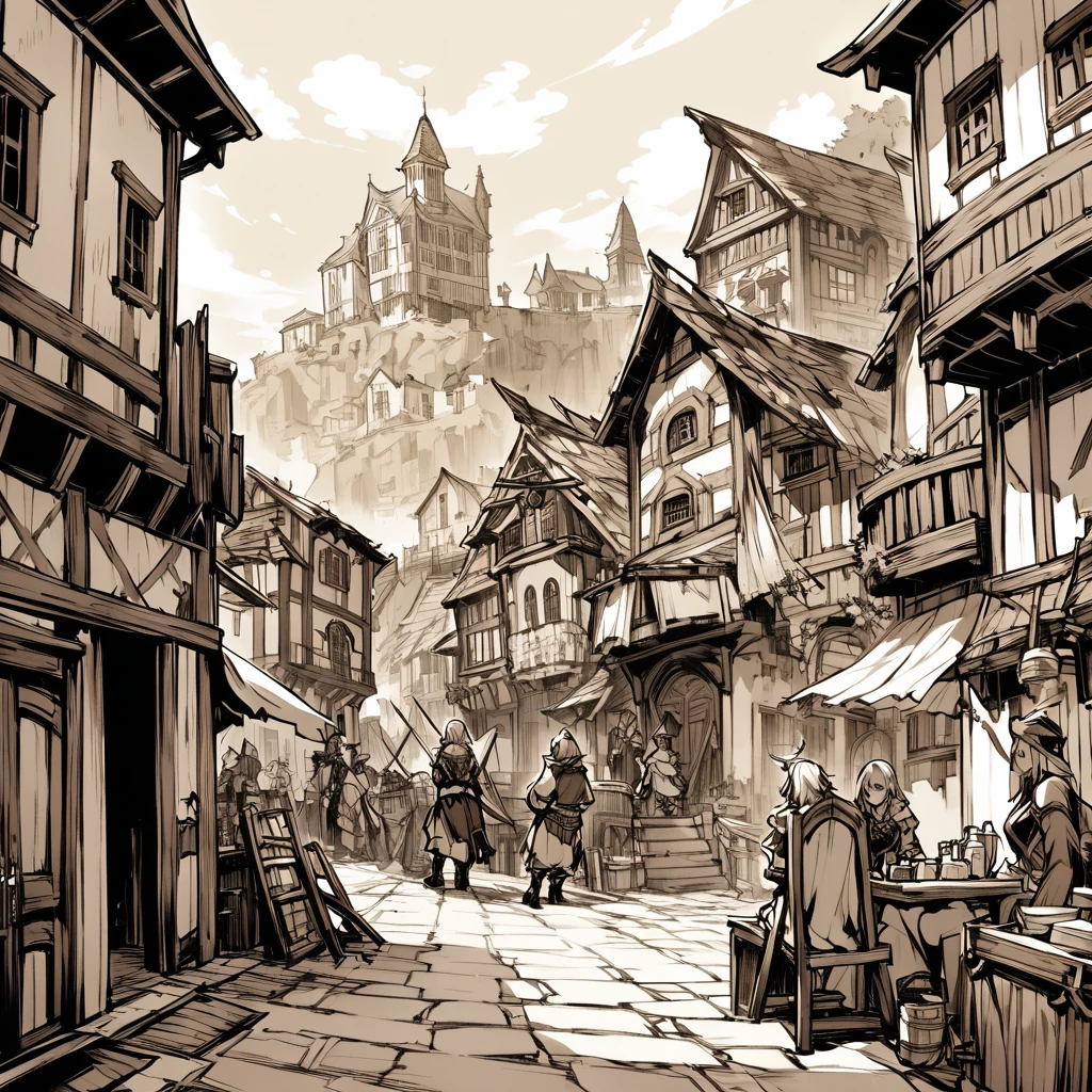 Sepia,An illustration,Vision,Landscape painting,Door((Never draw a character)),Fantasy medieval port trading city,Colonial settlement governor's office,Stone Building,Wooden fence,Wooden gate,Barista,scaffold,Legantos Governorate,The population is about several thousand,It is located on an island in an area where a large river and a small river meet.。