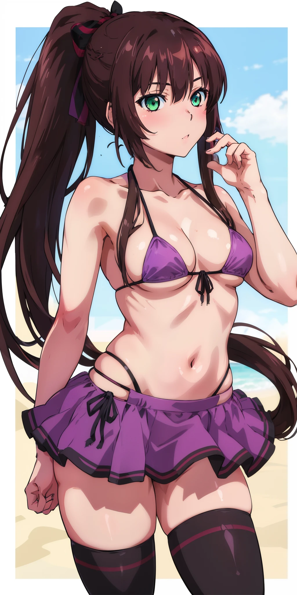 masterpiece, best quality,1girl,solo,kirasaka sayaka,brown hair,long hair,ponytail, hair ribbon, green eyes,,purple thighhighs, wariza, (bikini). 