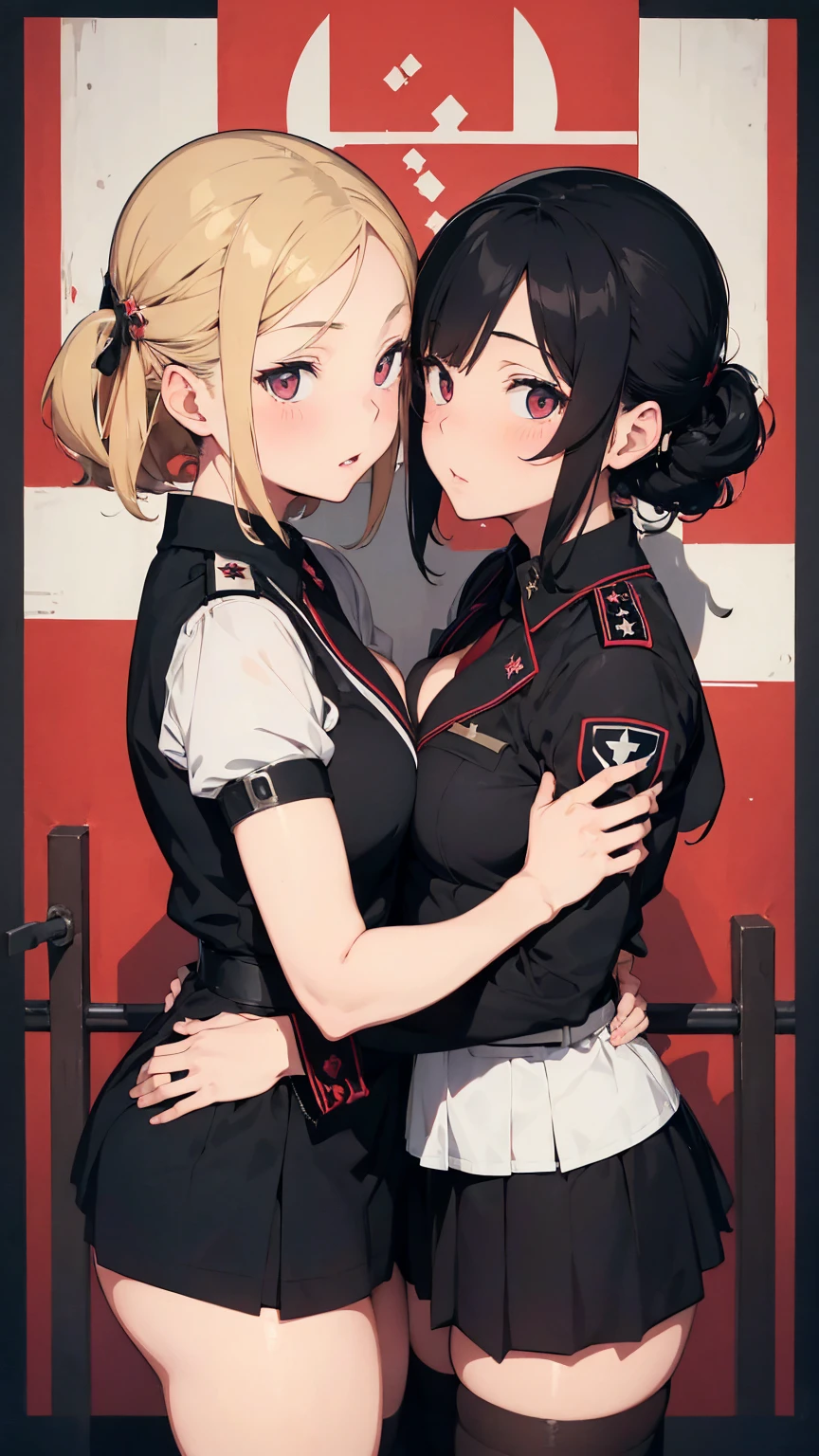   Propaganda poster. Gestapo uniform, female  lesbian kawaii sisters kissing passionately wearing  uniforms. 8k. masterpiece. best quality. best artwork. lingerie. swastika insignia. busty bare breasts. bdsm 