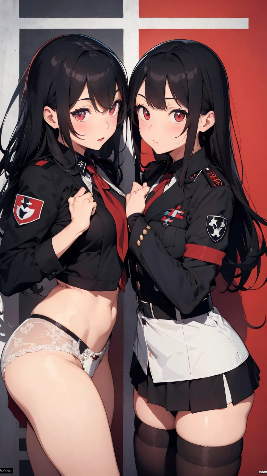 Propaganda poster. Gestapo uniform, female lesbian kawaii sisters kissing passionately wearing uniforms. 8k. masterpiece. best quality. best artwork. lingerie. swastika insignia. busty bare breasts. bdsm