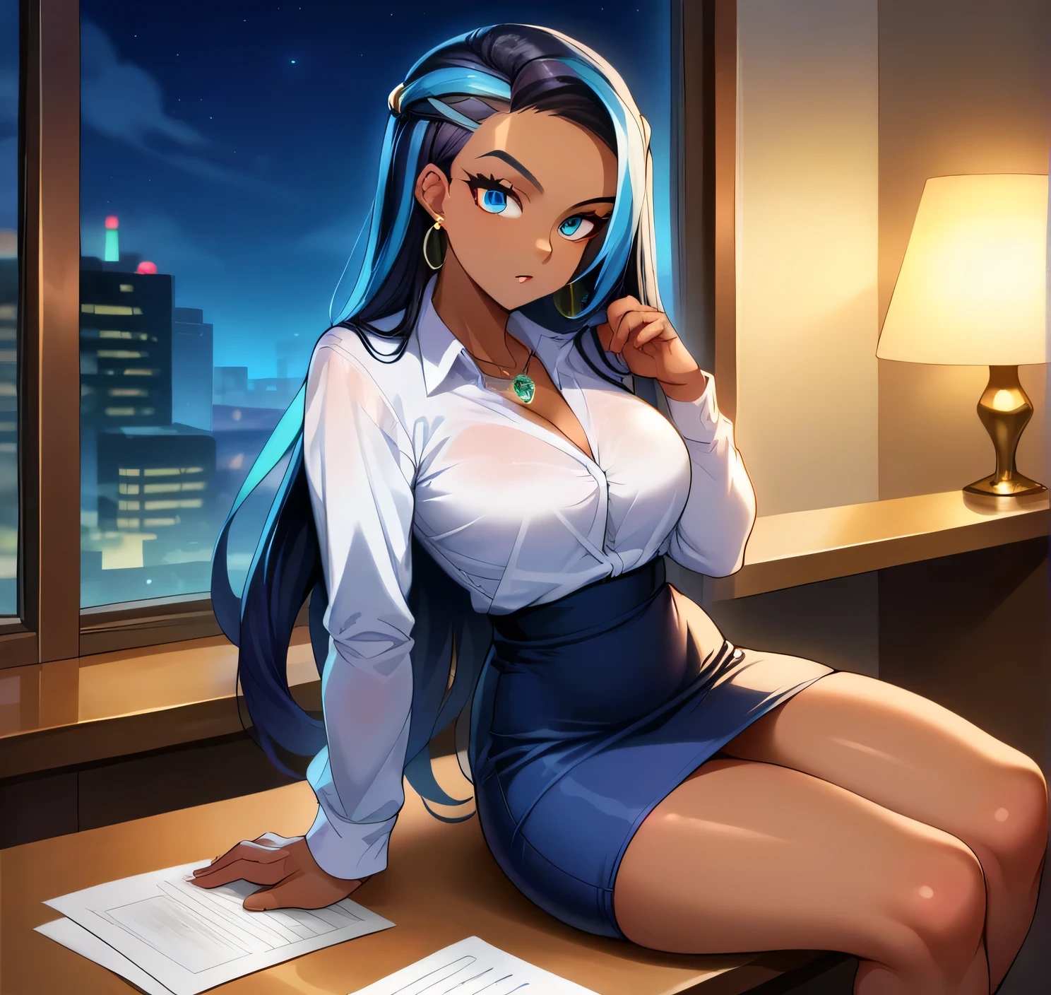 score_9, score_8_up,score_7_up, source_anime, 1girl, solo, EPpkNessa, blue eyes, black hair, blue hair, streaked hair,, dark skin, dark-skinned female, necklace, ear piercing,bottonup shirt,high-waist skirt,pantyhoes,heels,office, at a dark room, at night , city view from the window, gyaru,Very Long Hair,Hair Slicked Back, 