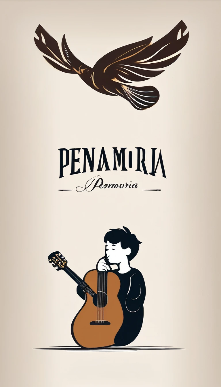 A minimal, modern, simple, cinematic logotype for the brand “Penamemoria". The logotype must be a simple, magical feather and a boy playing acoustic guitar. The logo must convey a sense of music, stories and dreams. Logo design impressed on a book cover. Minimalistic logo